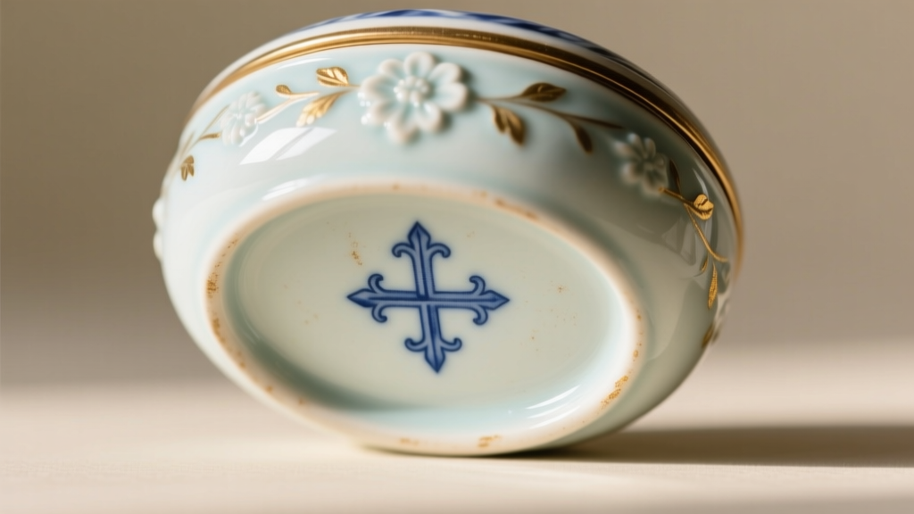 Macro close-up of a vintage porcelain trinket box underside, revealing a faded blue crossed-swords maker