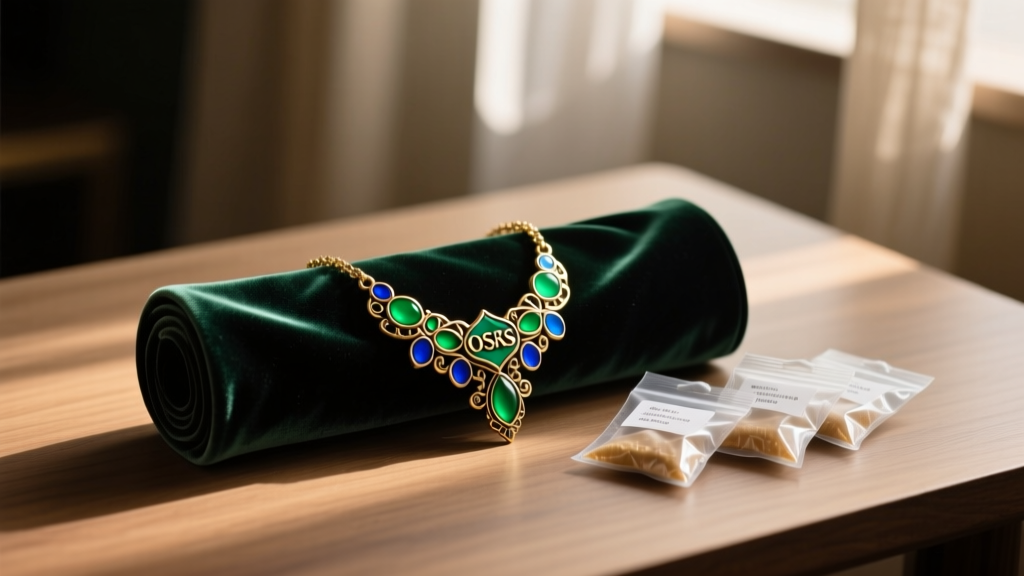 Anti-tarnish velvet jewelry roll holding a crafted OSRS Games necklace, alongside small silica gel packets in a dimly lit room.