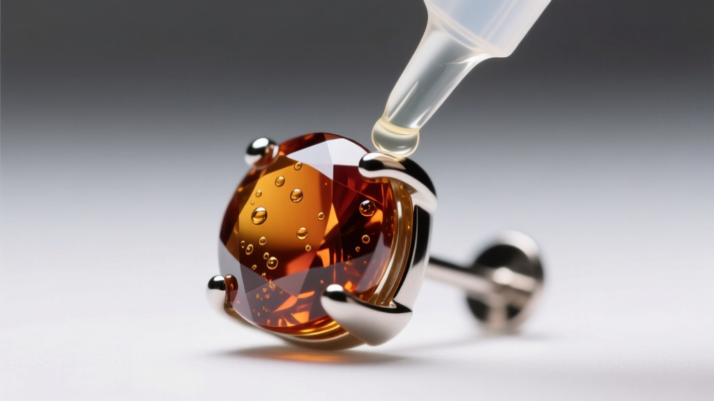 Close-up of clear jeweler epoxy on a cherry amber stud earring base to reattach a titanium post under bright bench lighting