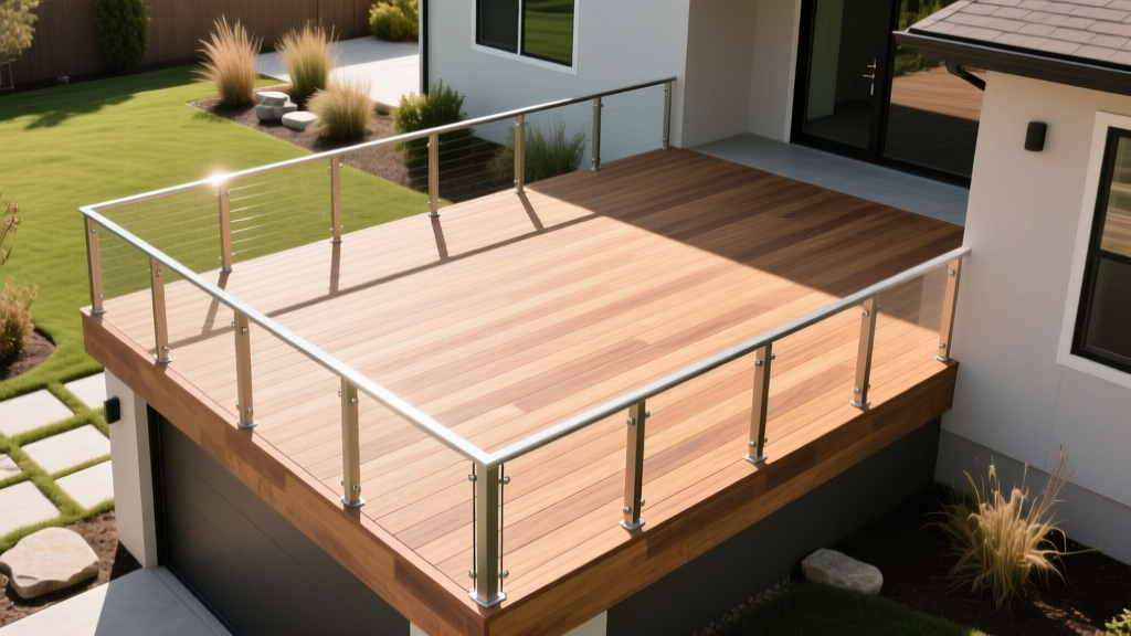 Overhead view of a newly built 10x10 composite deck with aluminum railings attached to a home, showcasing hidden fasteners