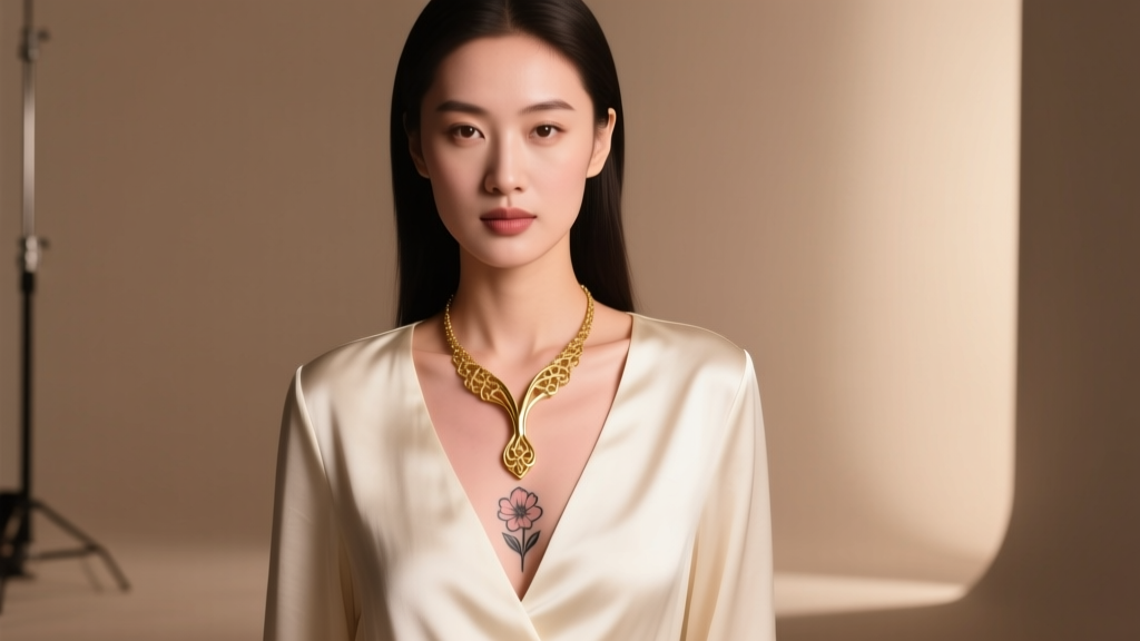 Woman wearing a deep V-neck silk blouse, showcasing a layered 20-inch Y-drop gold necklace framing a subtle floral collarbone ink.