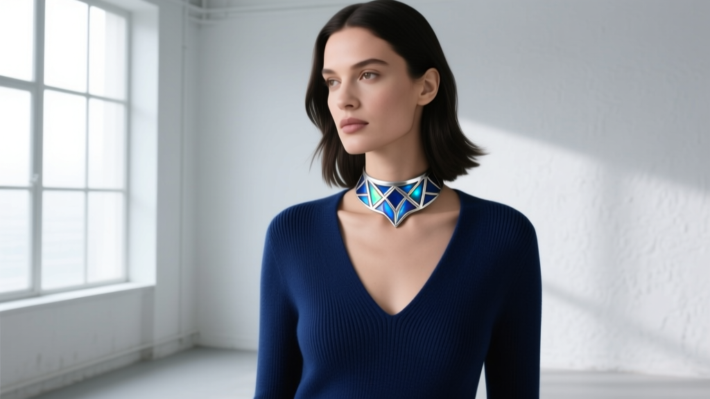 Woman wearing a subtle silver and blue enamel Water Tribe choker necklace paired with a modern navy blue V-neck cashmere sweater.