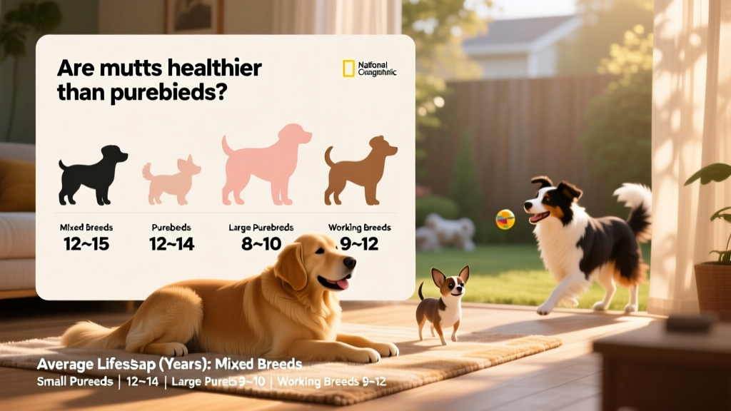 Infographic comparing average lifespans across dog types: mixed breeds, small purebreds, large purebreds, and working breeds