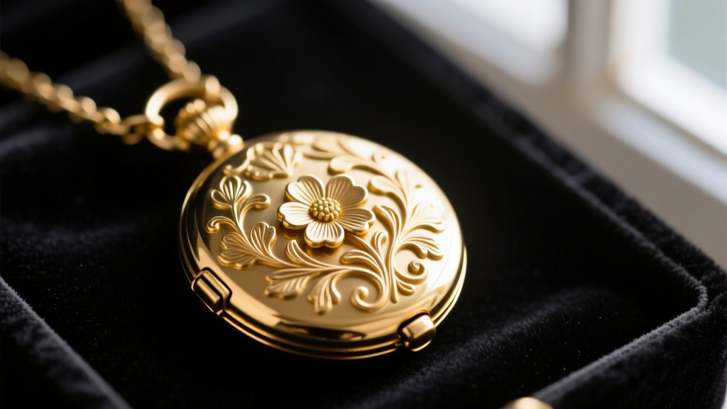 Macro shot of a vintage Victorian gold locket necklace on dark velvet, highlighting intricate floral engraving and clasp details.