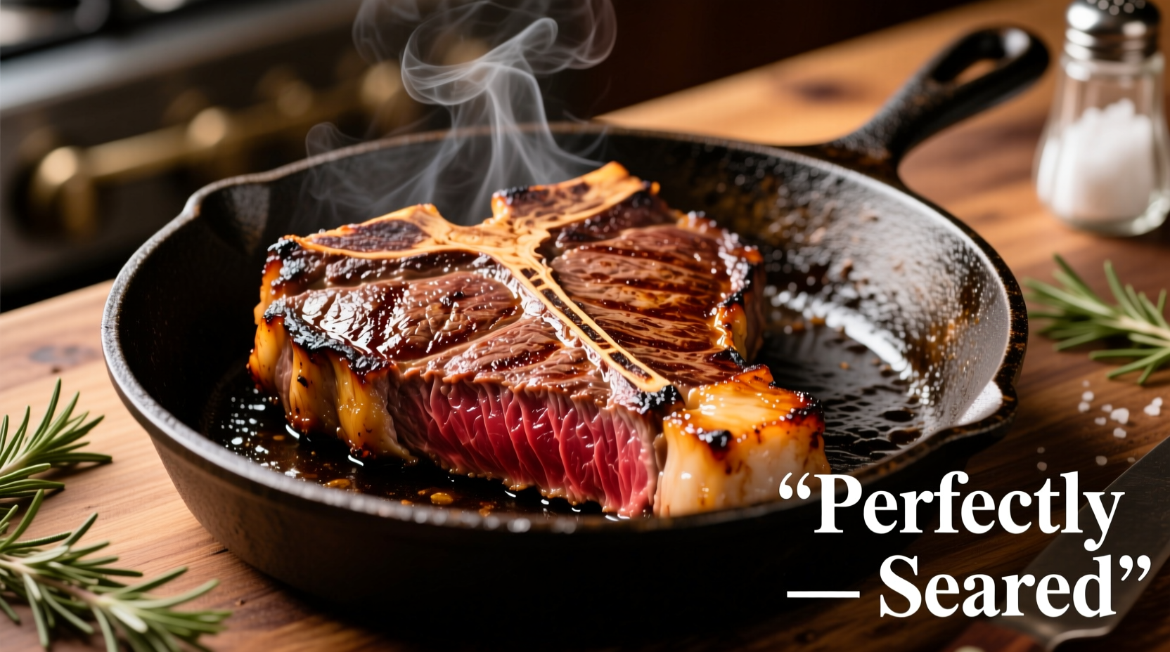 Perfectly seared T-bone steak on cast iron skillet