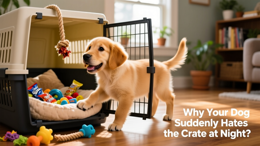 Dog happily exploring an open crate filled with toys, treats, and a soft bed, with crate door wide open
