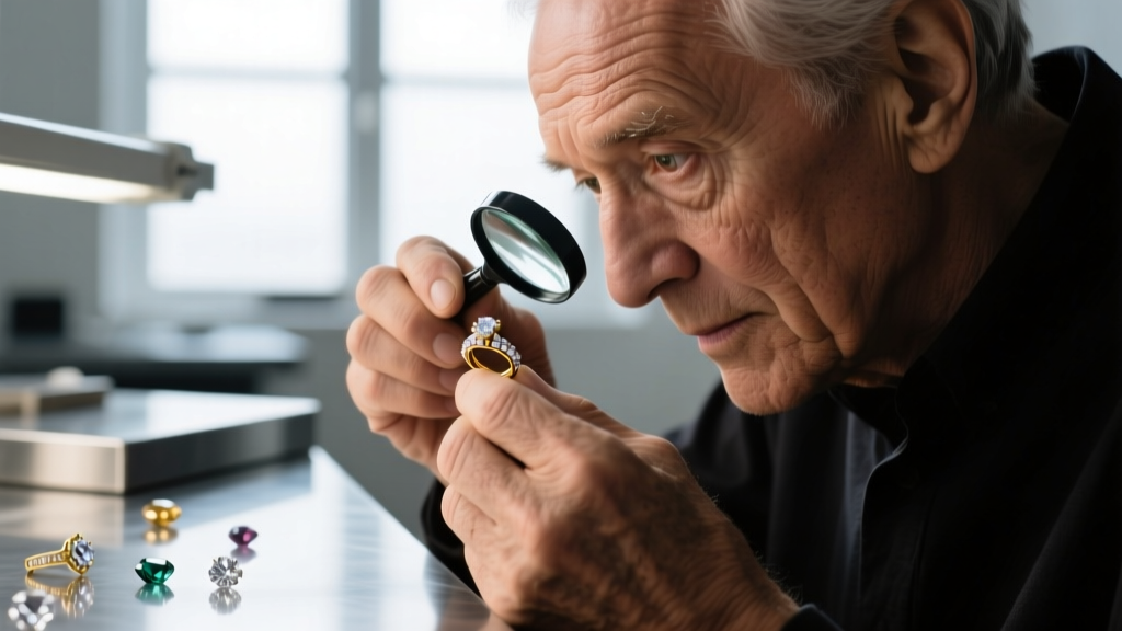 Close-up of a jeweler's loupe examining a flawless round brilliant diamond on a dark velvet pad in a softly lit luxury boutique.