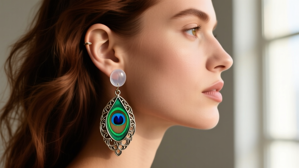Side profile showing heavy 18-gauge peacock dangle earrings with a clear silicone back supporting a stretched ear lobe.