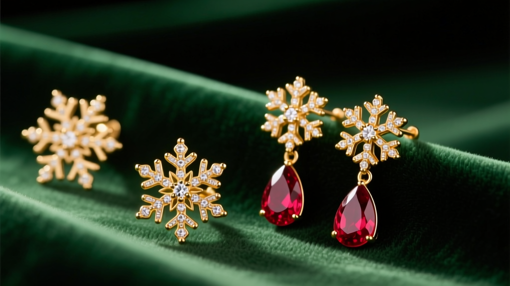 Close-up of 14k gold snowflake studs and ruby drop earrings resting on dark green velvet fabric under soft, warm holiday lighting