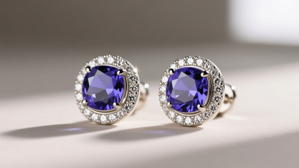 Close-up of elegant 14k white gold halo stud earrings featuring a central cushion-cut tanzanite surrounded by pave diamonds.