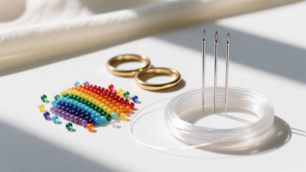Flat lay of beading supplies including size 11/0 Czech seed beads, brass hoop bases, Fireline thread, and size 12 beading needles