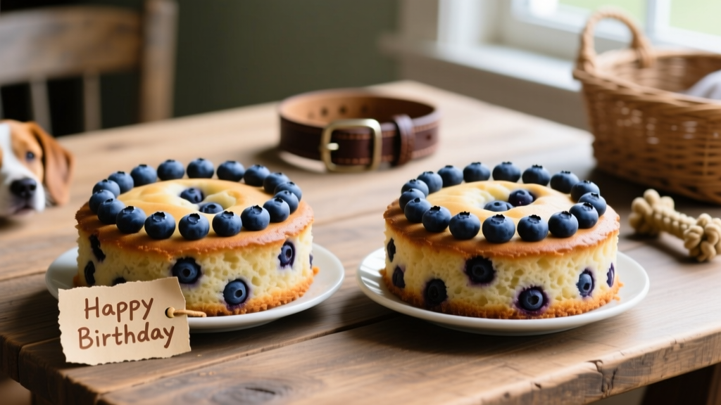 Two finished blueberry dog cakes side-by-side on a wooden table, decorated with blueberries and labeled with 'Happy Birthday' tags
