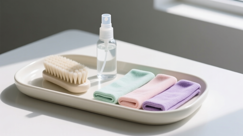Overhead view of a ceramic tray containing a soft nylon brush, sterile saline spray bottle, and folded microfiber polishing cloths