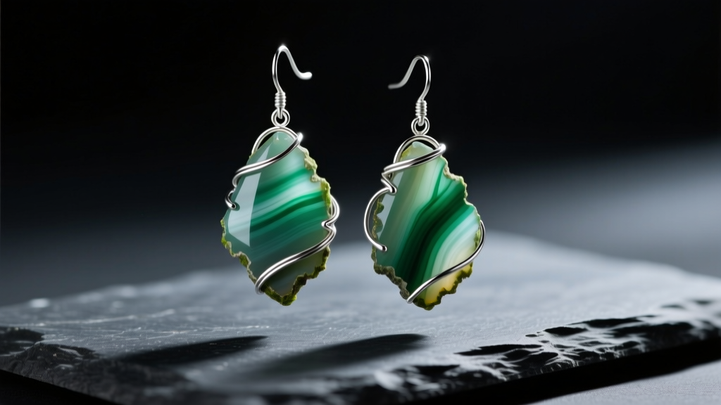Raw-edge moss agate drop earrings with platinum wire wrapping displayed on dark slate under moody directional studio lighting.