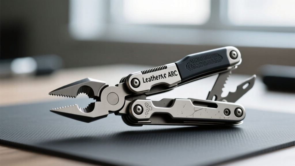 Close-up of a Leatherman ARC multitool fully deployed showing the MagnaCut main blade and pliers resting on a dark gray anti-static mat