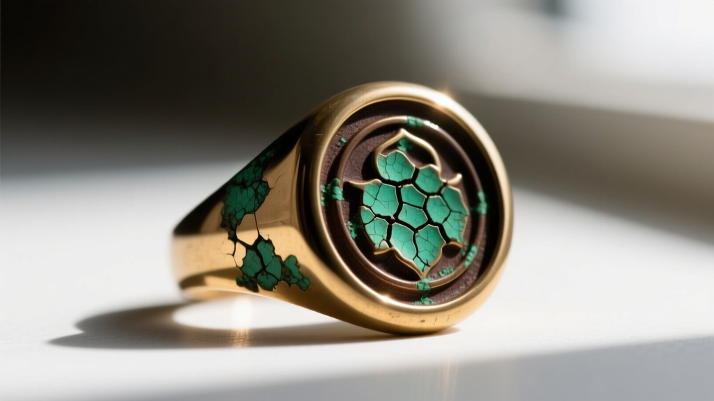 Macro photo of a cast brass signet ring showing dark brown and green verdigris patina developing inside engraved surface details.