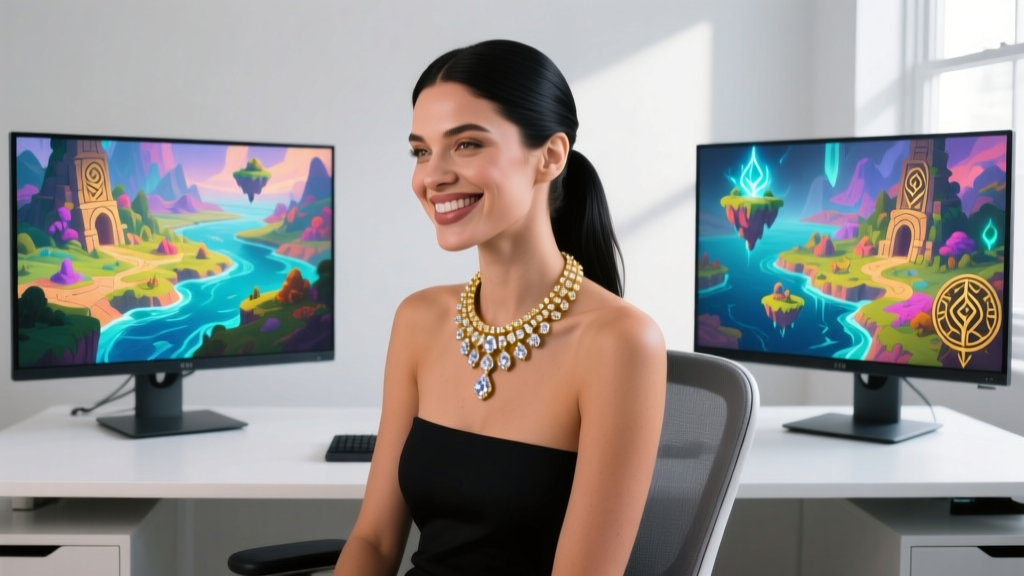 Smiling female gamer wearing a gold and diamond necklace replica, sitting at a desk with dual monitors showing fantasy maps