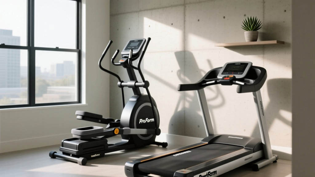 Compact home gym corner featuring a fully assembled ProForm C500 stair climber next to a folded treadmill, illuminated by natural window light