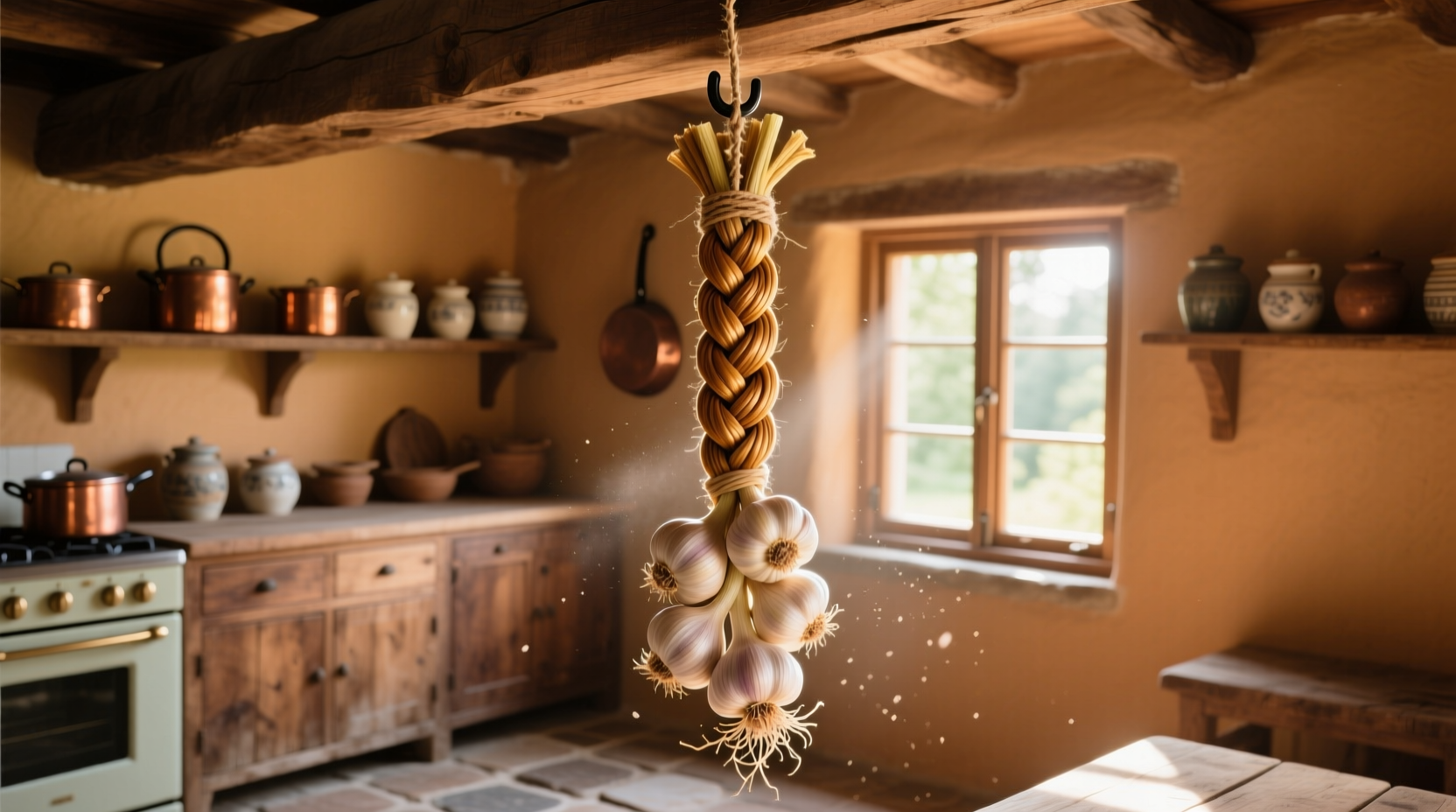 Freshly braided garlic hanging in a kitchen
