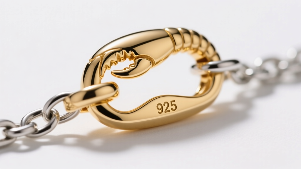 Macro shot of an 18k gold vermeil lobster clasp on a silver chain, showing the 925 hallmark stamp and slight edge wear