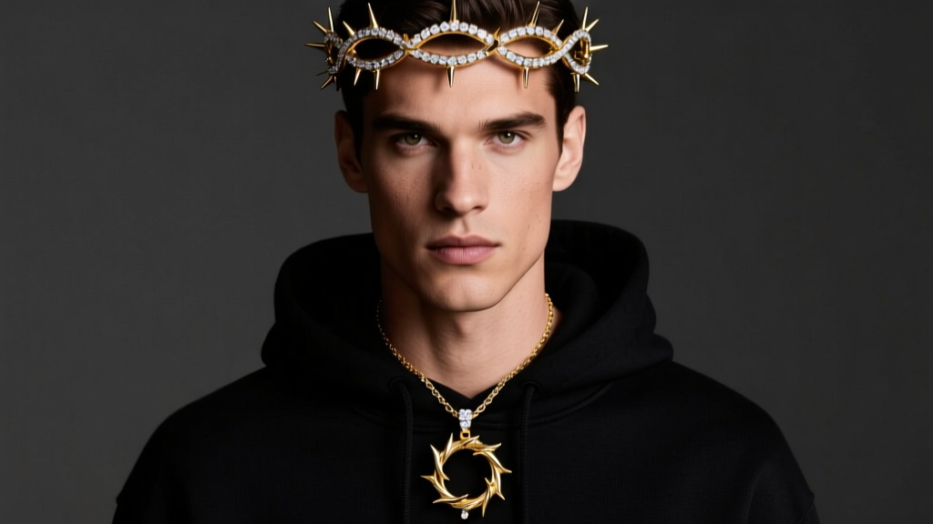 Close-up of a male model wearing an 18k gold crown of thorns pendant with pavé diamonds on a black hoodie, studio lighting.