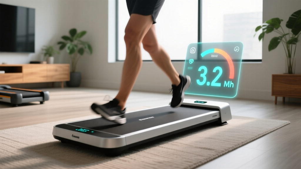 Digital display of a walking pad showing a speed setting of 3.2 miles per hour for a brisk indoor walking workout