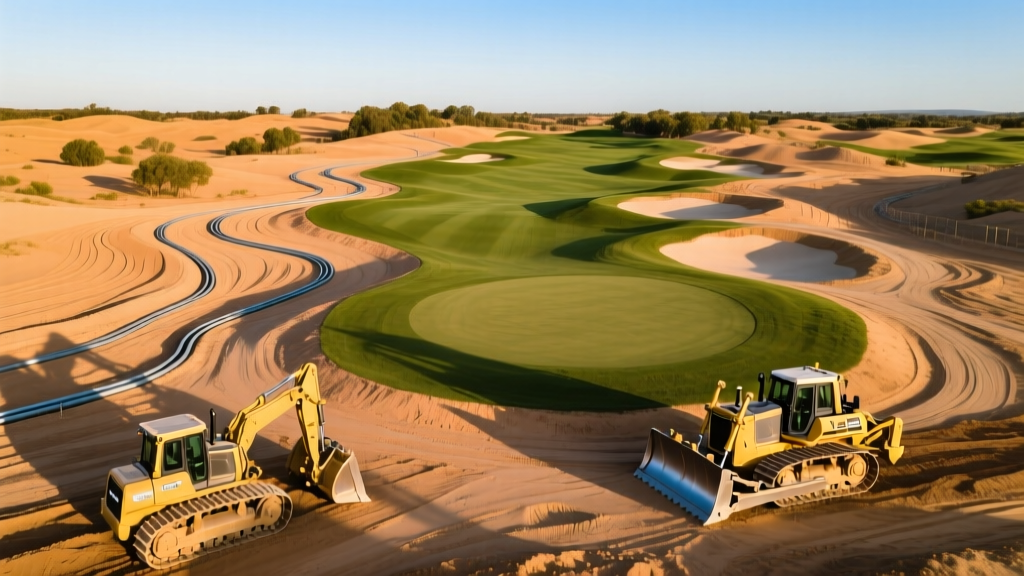 Aerial view of a newly shaped golf course fairway with exposed sandy soil, irrigation pipes, and heavy earthmoving equipment