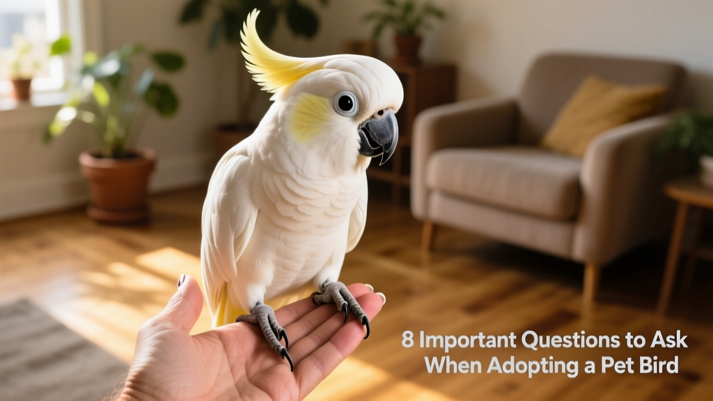 A calm, curious cockatoo perched gently on a hand, making gentle eye contact