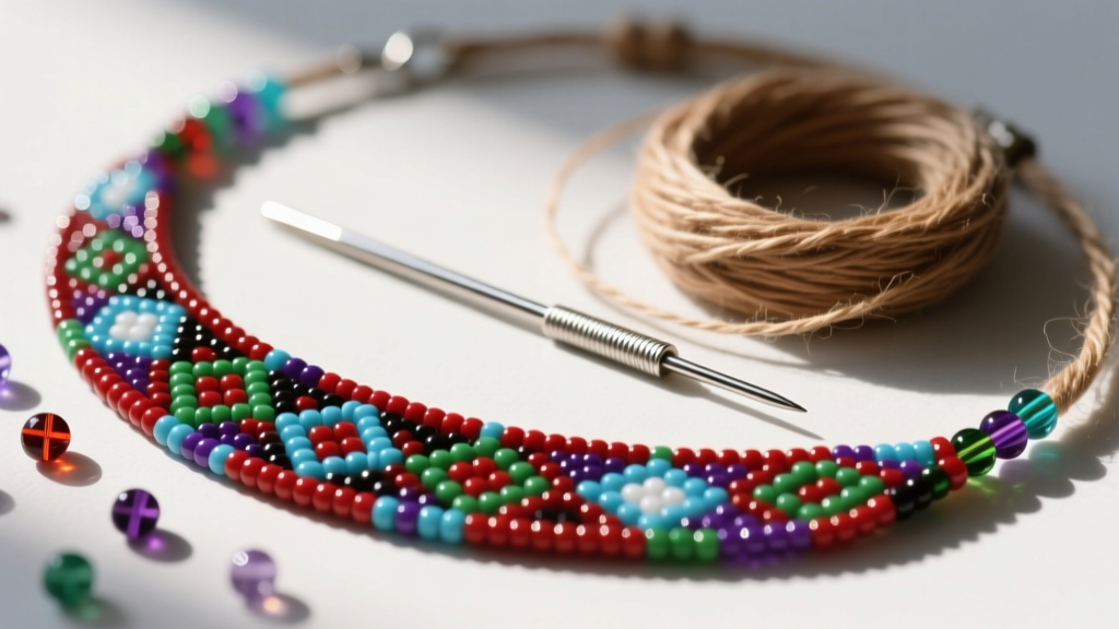 Close-up of size 11/0 Czech glass seed beads, a beading needle, and sinew thread beside a partially finished Native beaded choker