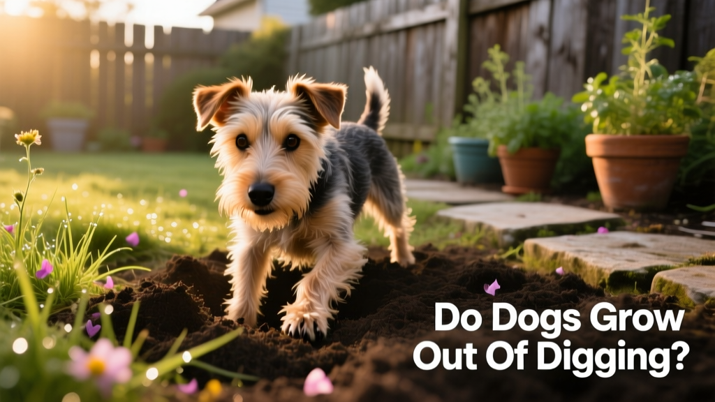 A terrier breed dog mid-dig in a backyard garden