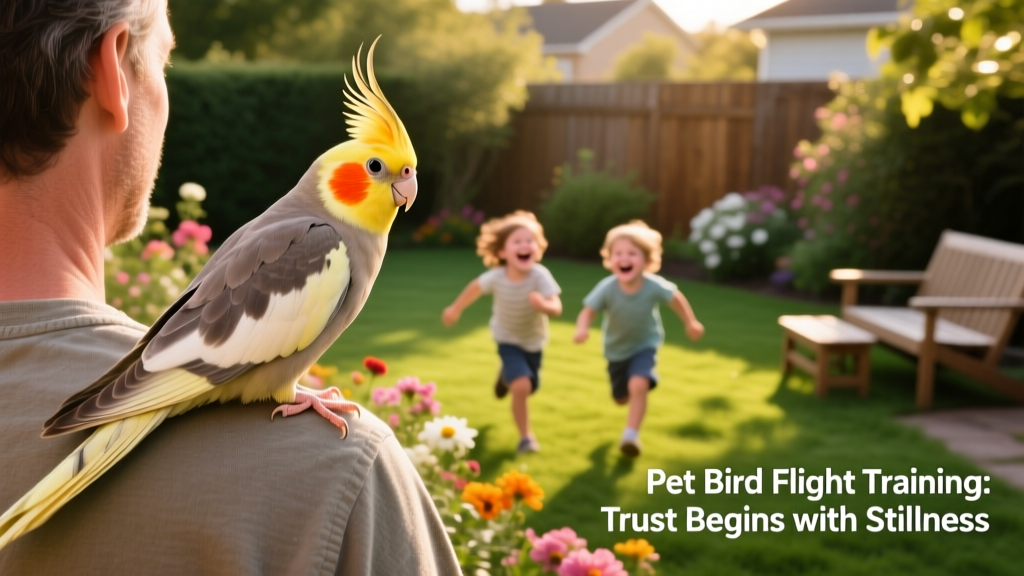 A cockatiel calmly perched on a person's shoulder while observing children playing in a backyard garden