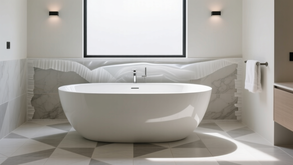 White stone resin freestanding bathtub installed on a tiled bathroom floor with detailed waterproofing membrane at the wall flange