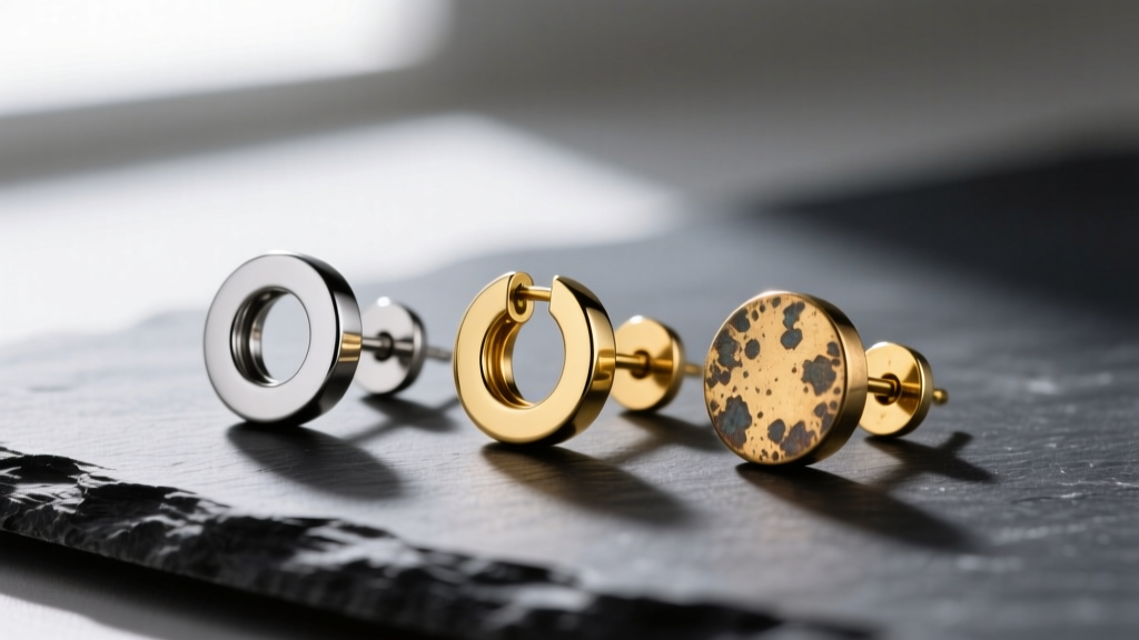 Macro photography of three earring posts side-by-side: titanium, 14k gold, and oxidized brass, resting on a dark slate background.