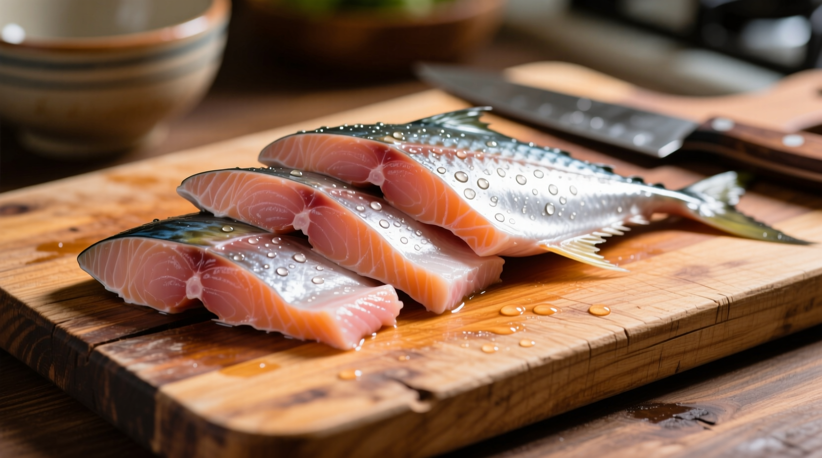Fresh mahi-mahi fillets on wooden cutting board