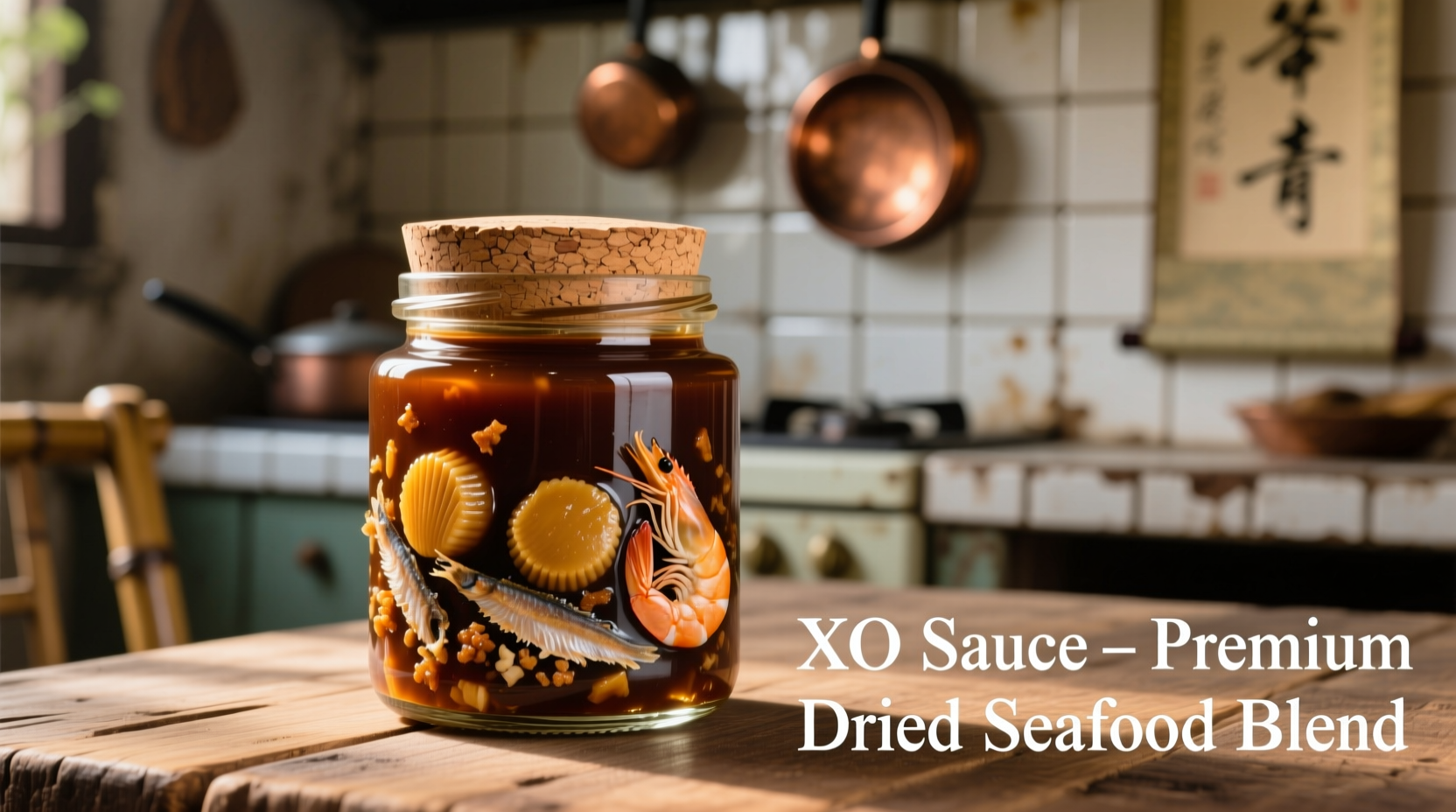 XO sauce in glass jar with dried seafood ingredients
