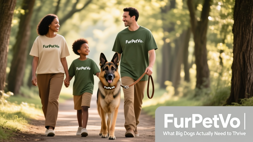 A family walking a calm, well-trained German Shepherd along a tree-lined path, all wearing matching FurPetVo-branded leashes and collars