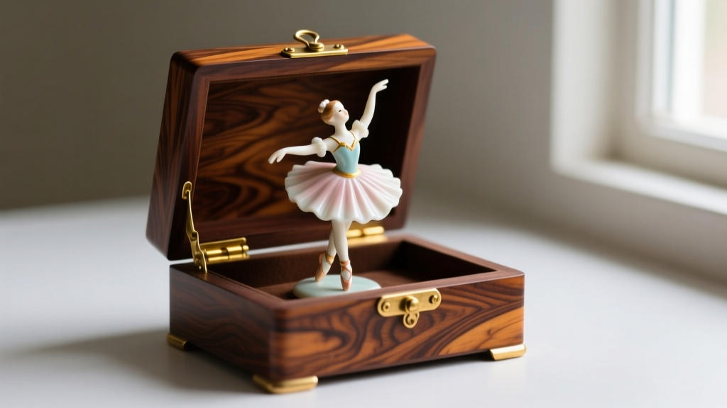 Open antique ballerina jewelry box displaying a spinning porcelain dancer, rich burl wood veneer, and brass hinges in warm light