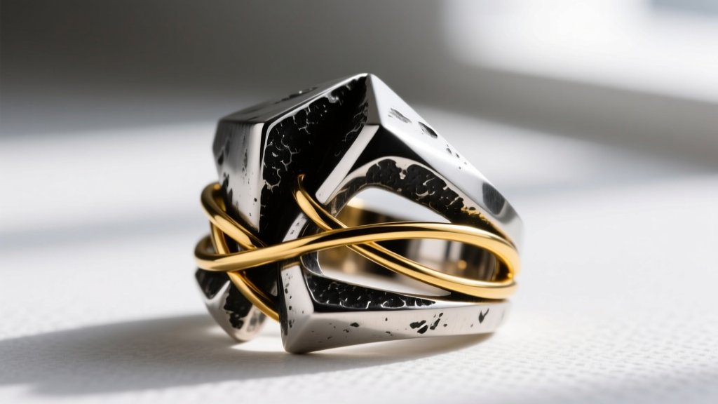 Close-up of a mixed-metal brutalist ring featuring heavily oxidized sterling silver intertwined with bright 14k gold-filled wire