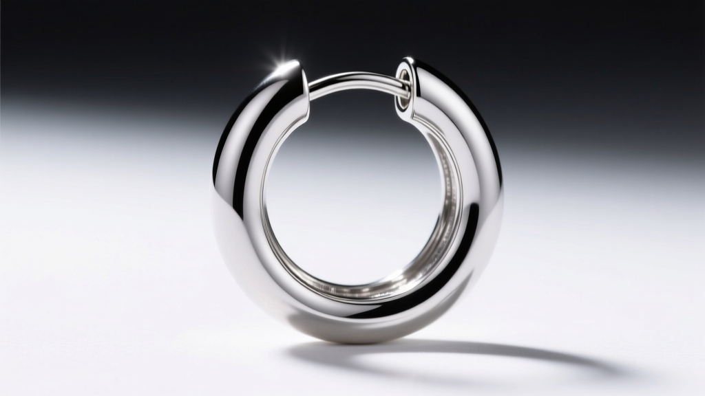 Platinum huggie earring opened to reveal the thick 1.2mm hinge pin and seamless barrel joint under bright, focused studio lighting