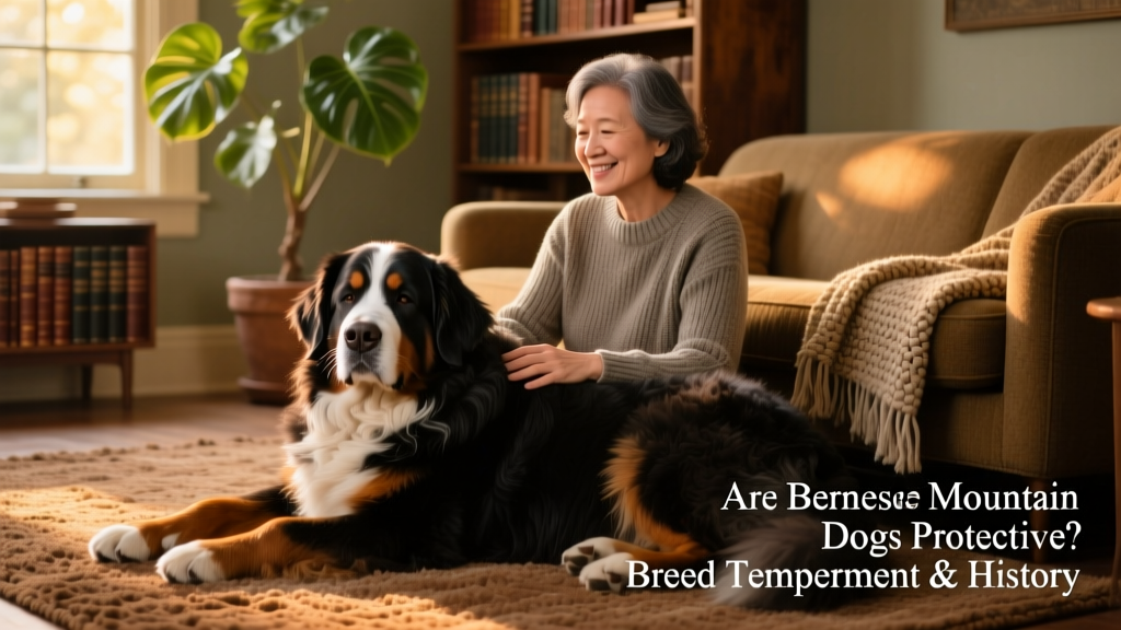A senior Bernese Mountain Dog resting peacefully beside its owner on a cozy living room rug