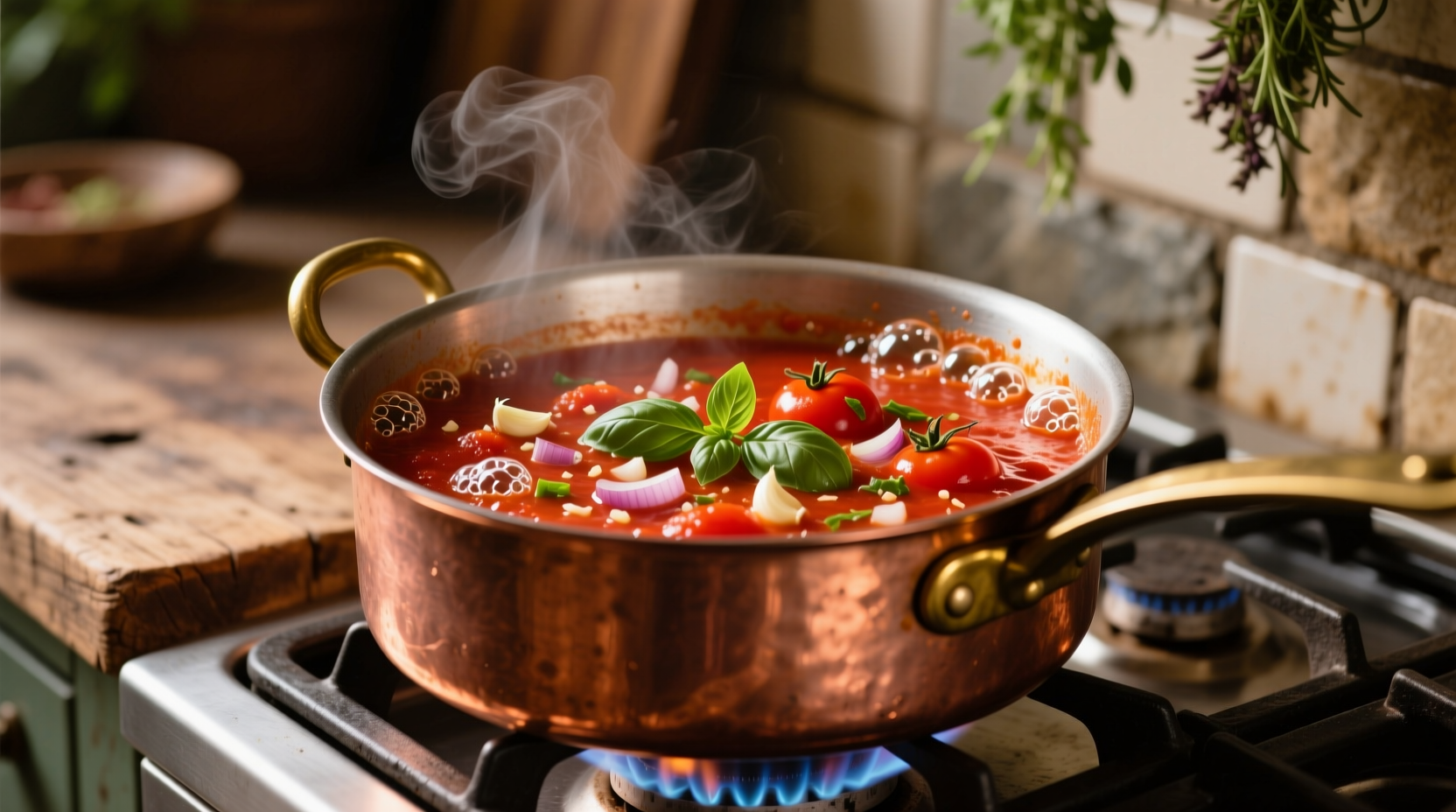 Fresh tomato marinara sauce simmering in copper pot