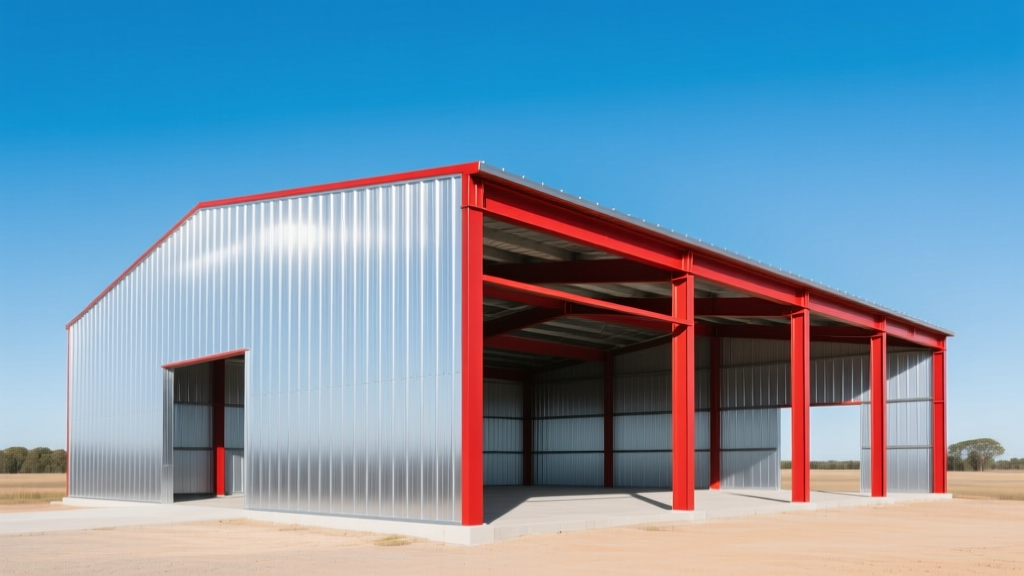 A partially erected 40x60 metal building shell with 26-gauge galvalume wall panels and red iron framing under a clear blue sky