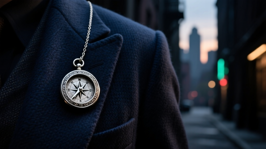 Sterling silver vintage compass pendant resting on a dark navy detective blazer lapel under moody, dramatic lighting