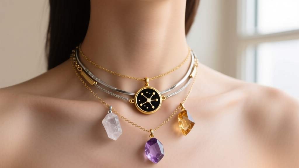 Close-up of a neck wearing a layered mixed-metal charm necklace with gold celestial pendants and silver raw gemstone charms.