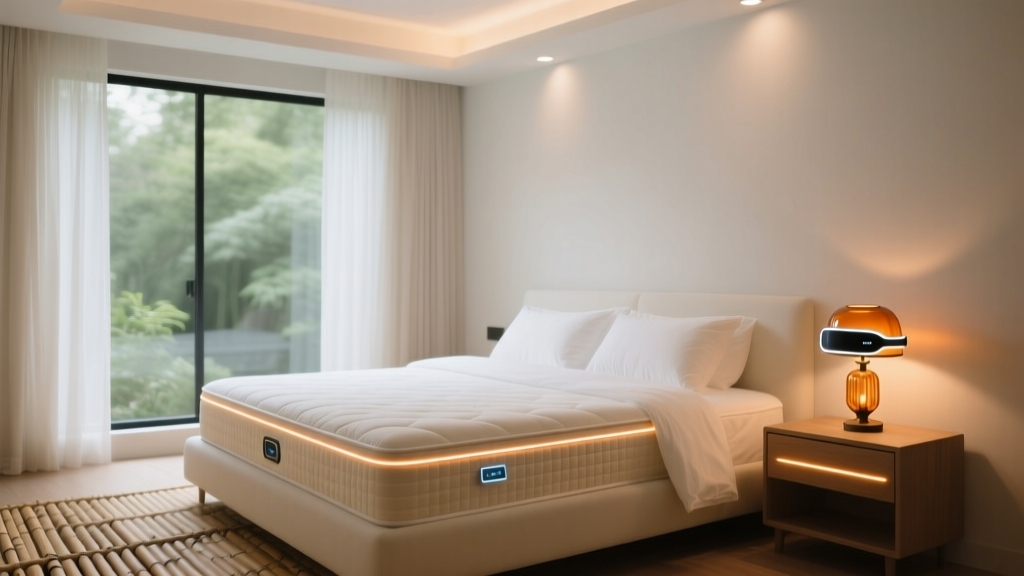 A serene bedroom setup featuring a smart mattress cover, a glowing neural headband on the nightstand, and soft amber lighting for optimal sleep hygiene.
