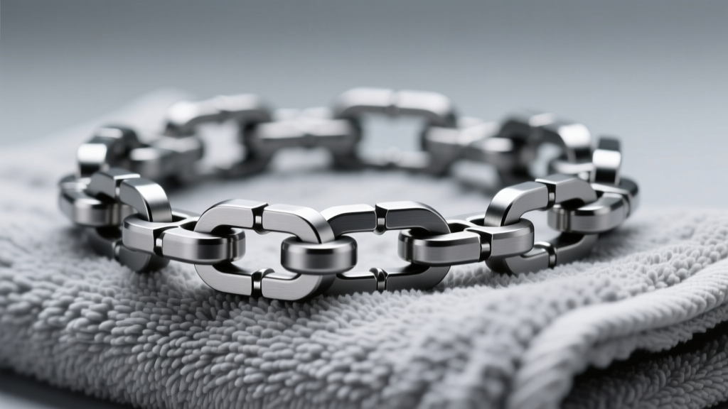 Macro shot of a titanium chain on a grey towel, showing laser-welded links and a brushed matte finish under soft studio lighting.