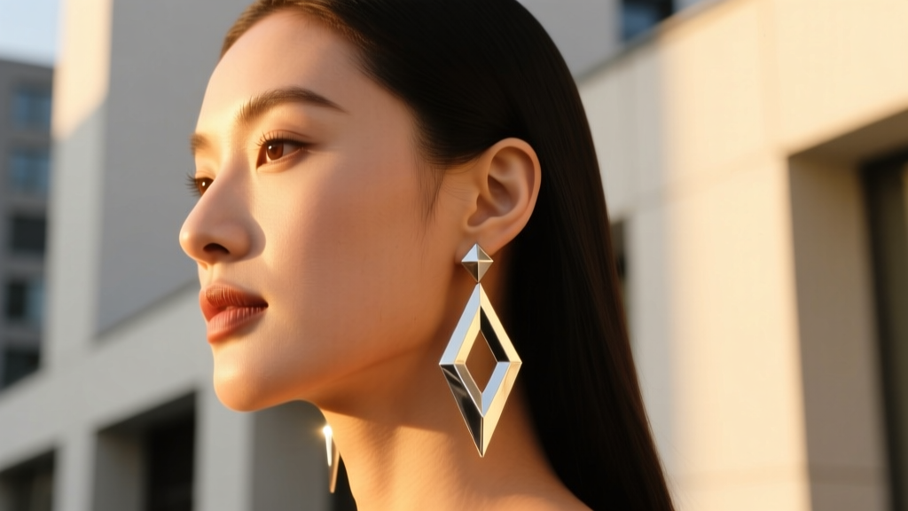Side profile of a woman with an oval face wearing long geometric silver dangle earrings, illuminated by warm golden hour sunlight