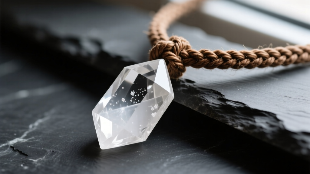 Close-up of a faceted clear white quartz crystal pendant resting on a thick brown strong waxed cotton macrame cord on dark slate