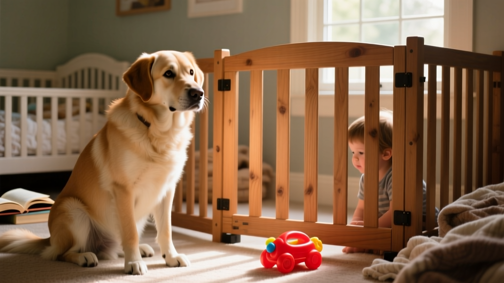 A calm dog sitting beside a baby gate, with a child's toy visible on the other side of the barrier