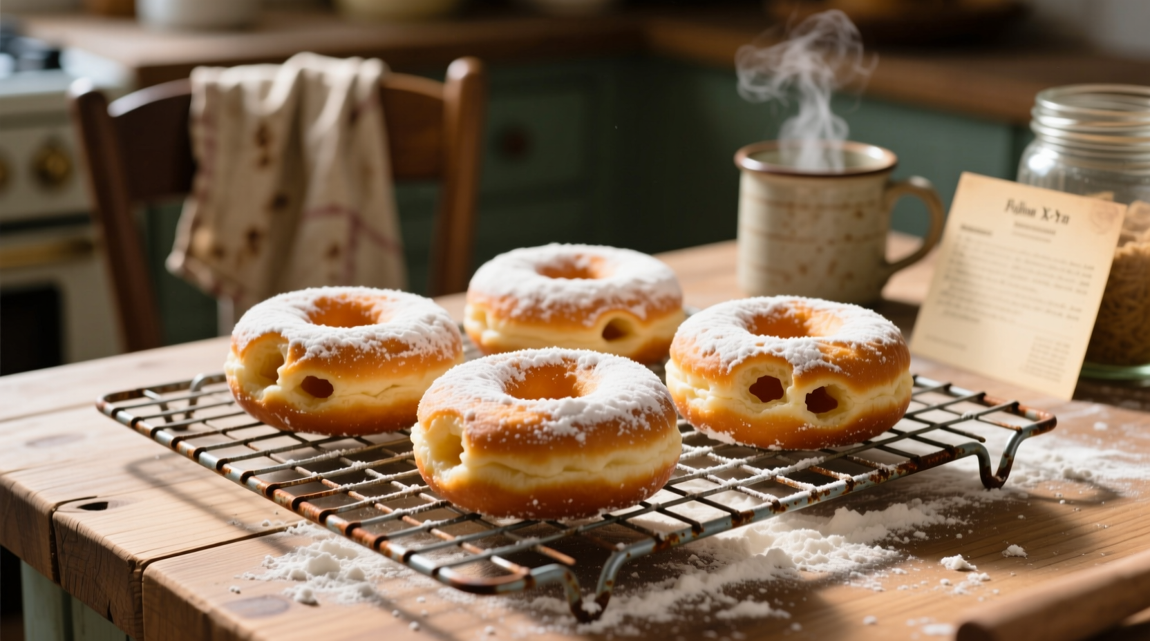 Homemade donuts cooling on wire rack